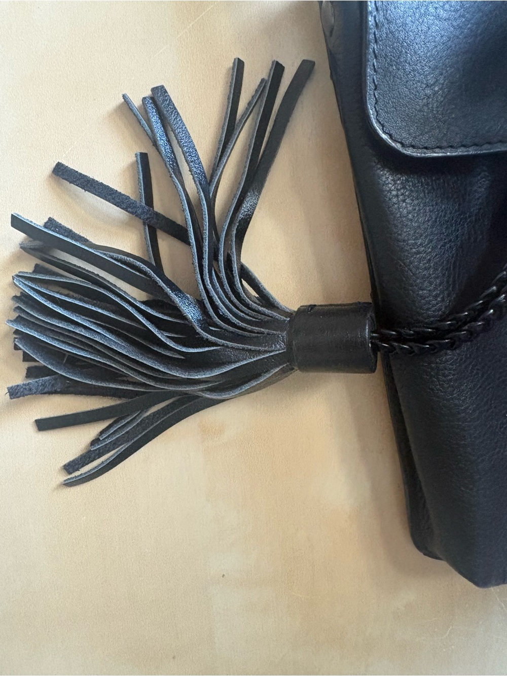 Joelle Hawkens Black Leather Phone Crossbody Bag Braided Strap Tassel Boho - Picture 2 of 7